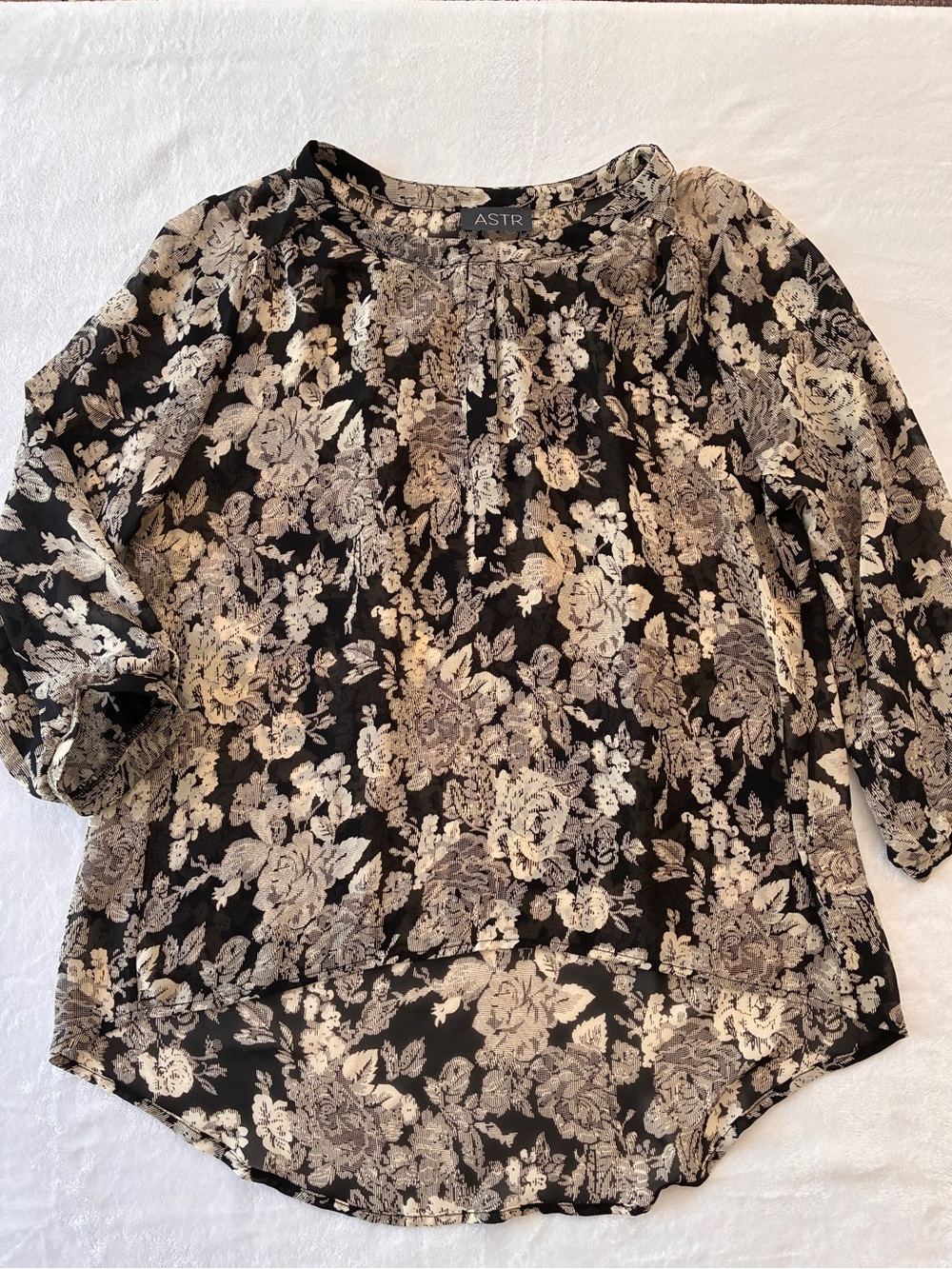 ASTR the Label-Floral-Rose-Chiffon-Blouse- Black-Cream-Whimsigoth-Bohemian-XS